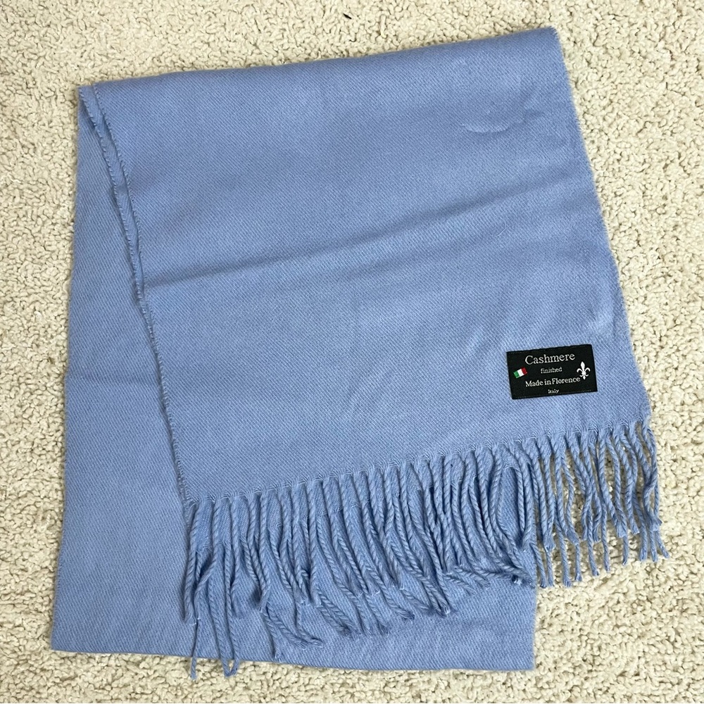 SKY BLUE 100% Pure CASHMERE Fringe End SCARF Florence Italy